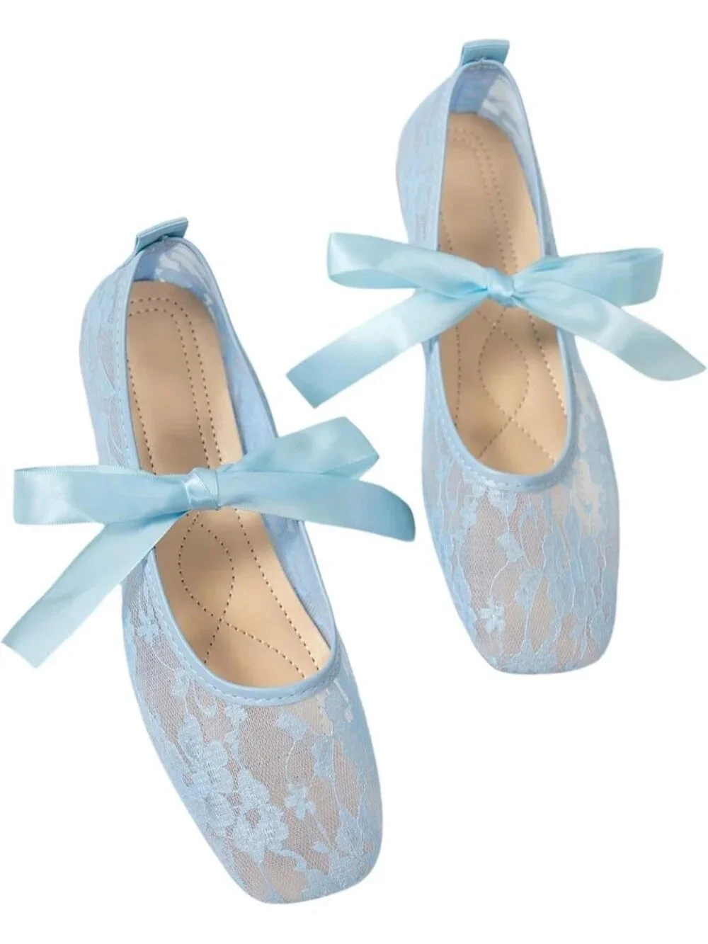 Women's Blue Floral Lace Mesh Ballet Flats Comfortable Square Closed Toe Shoes